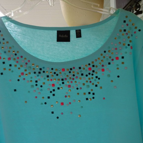 Women's Aqua Sweater/Top 3/4 Sleeves Beading NWT - Picture 2 of 8